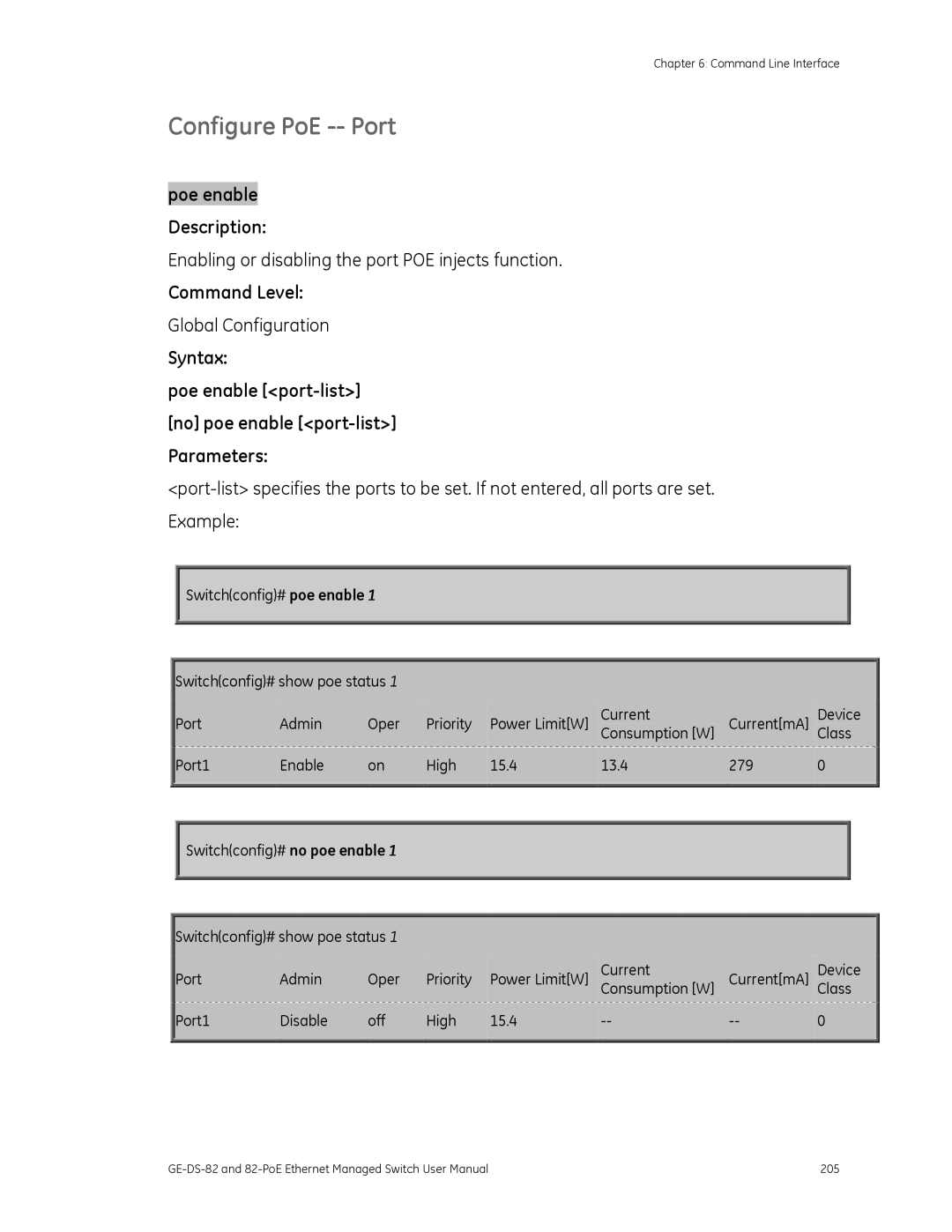 GE 82-POE, GE-DS-82 user manual Configure PoE -- Port, Enabling or disabling the port POE injects function 