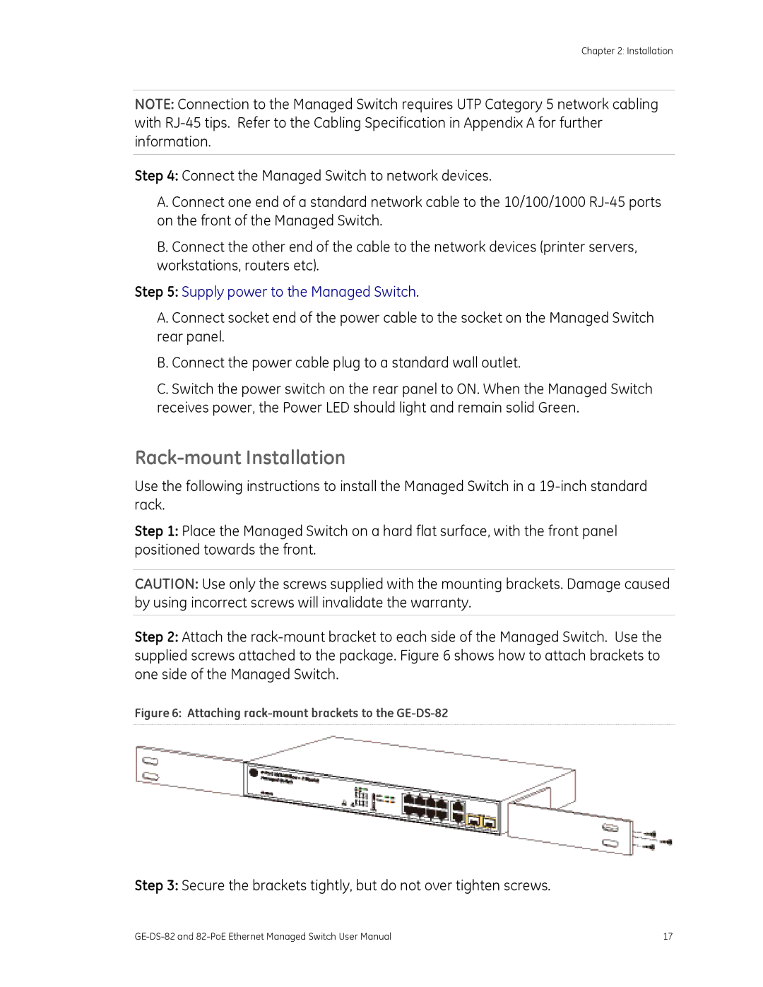 GE 82-POE, GE-DS-82 user manual Rack-mount Installation, Secure the brackets tightly, but do not over tighten screws 