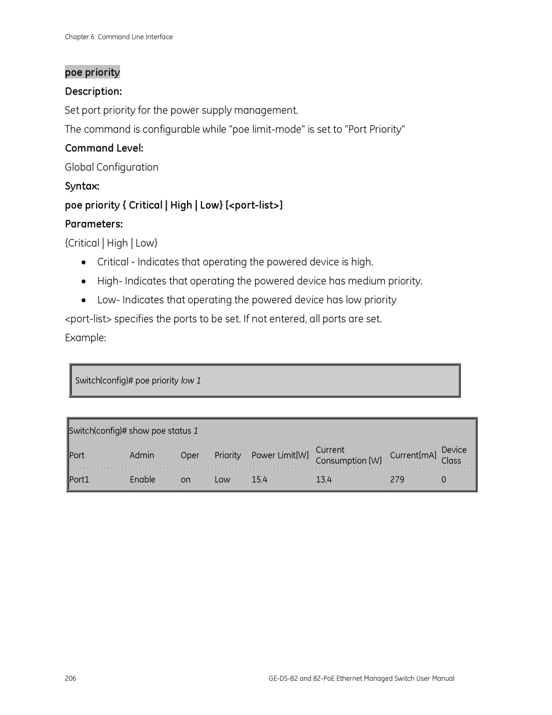 GE GE-DS-82, 82-POE user manual Syntax Poe priority Critical High Low port-list Parameters 