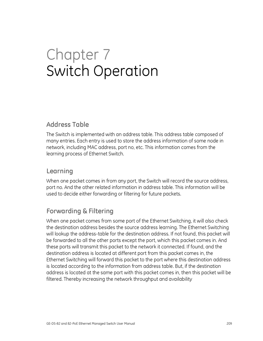 GE 82-POE, GE-DS-82 user manual Address Table, Learning, Forwarding & Filtering 