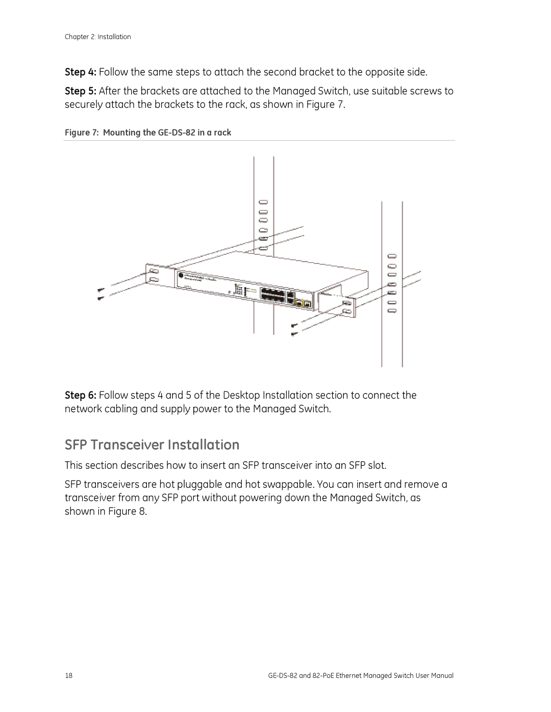 GE 82-POE user manual SFP Transceiver Installation, Mounting the GE-DS-82 in a rack 