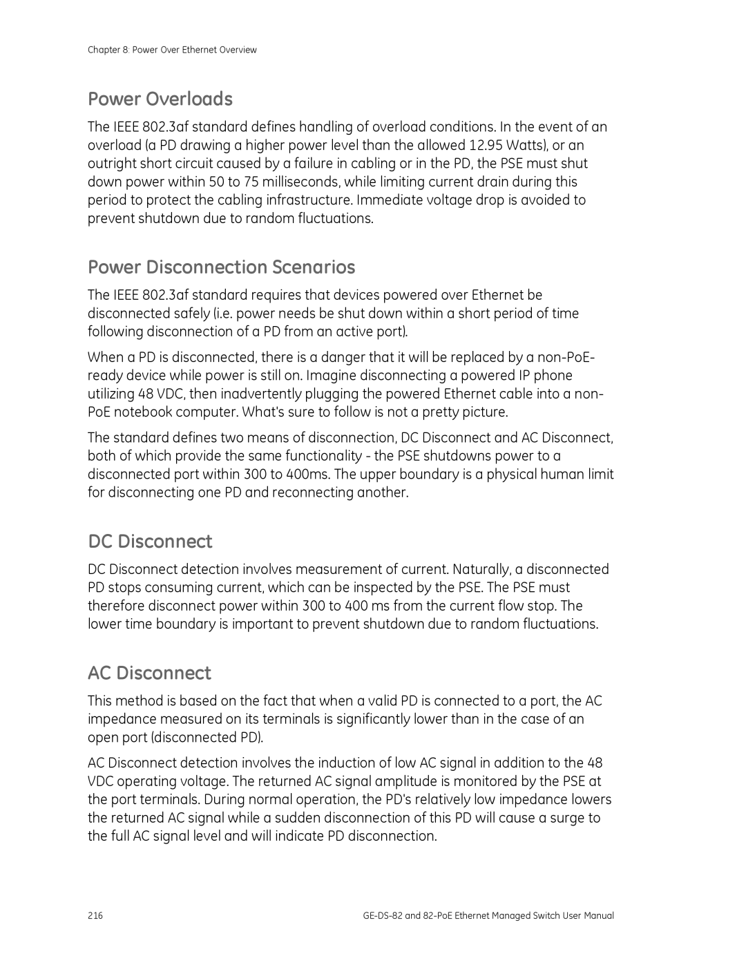 GE GE-DS-82, 82-POE user manual Power Overloads, Power Disconnection Scenarios, DC Disconnect, AC Disconnect 