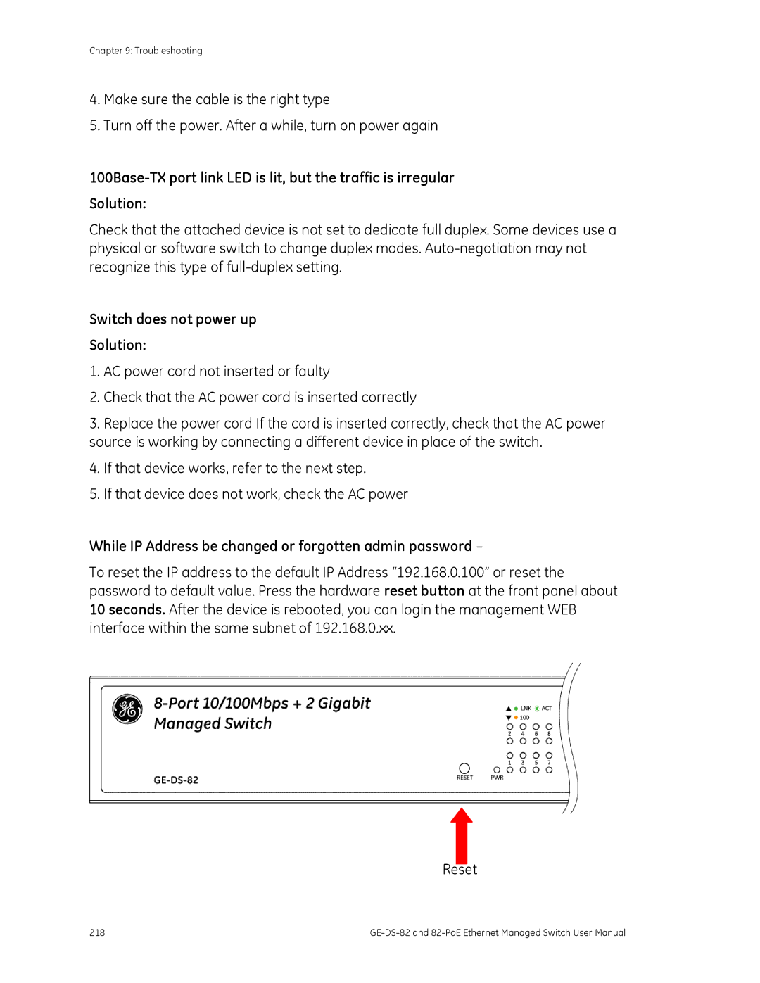 GE GE-DS-82, 82-POE user manual Switch does not power up Solution, While IP Address be changed or forgotten admin password 