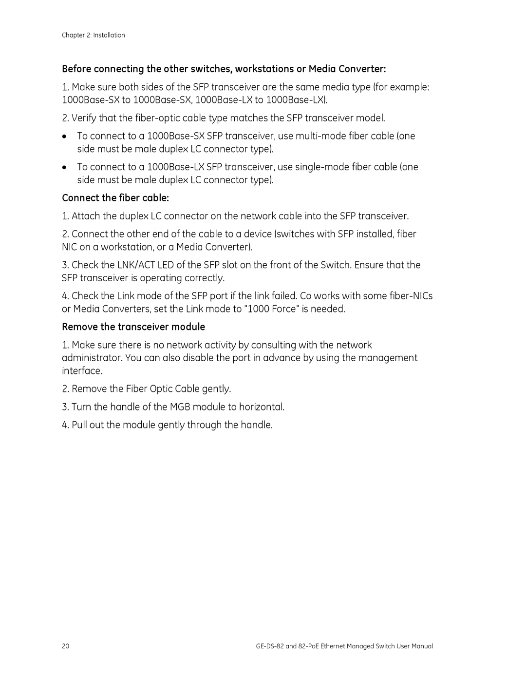 GE GE-DS-82, 82-POE user manual Connect the fiber cable, Remove the transceiver module 