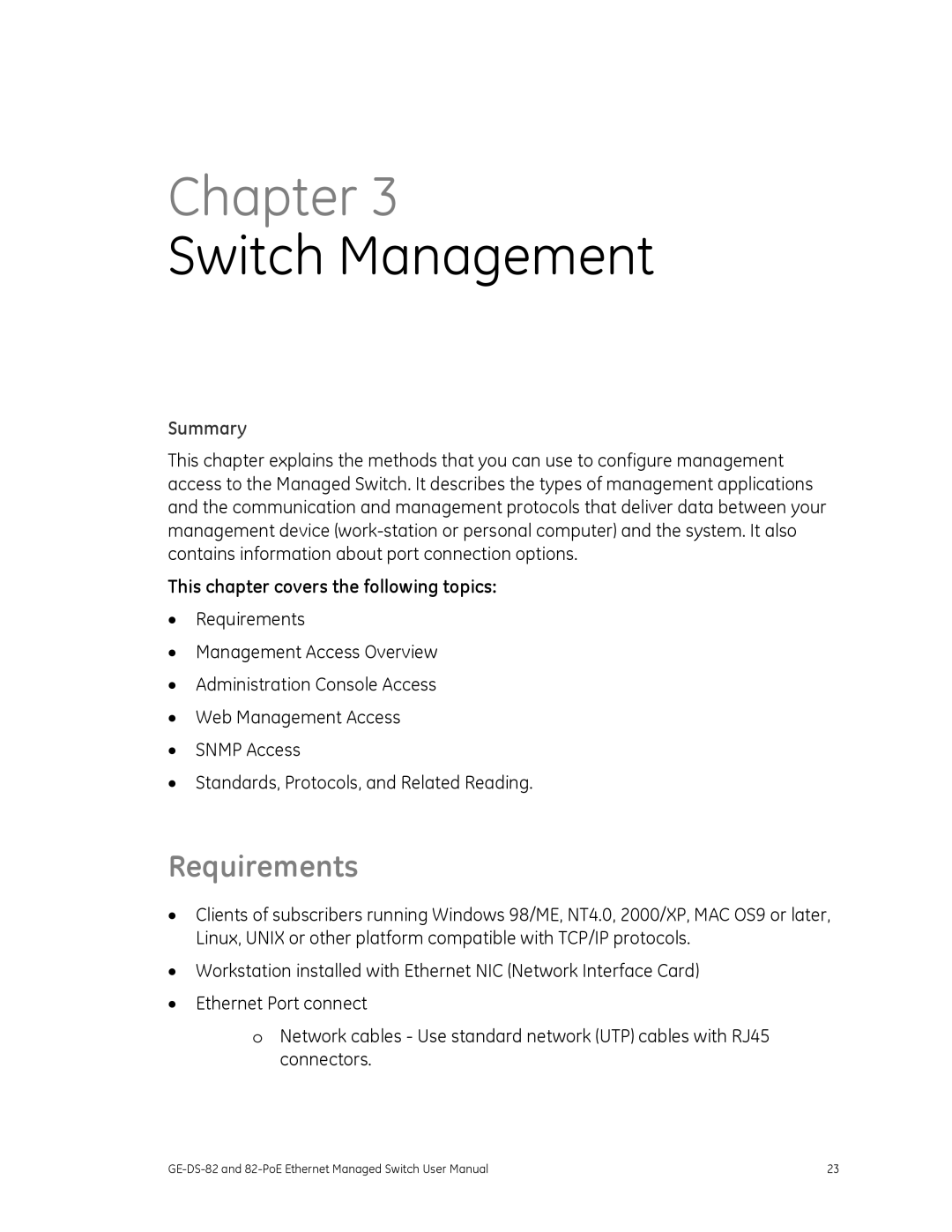 GE 82-POE, GE-DS-82 user manual Requirements, Summary, This chapter covers the following topics 