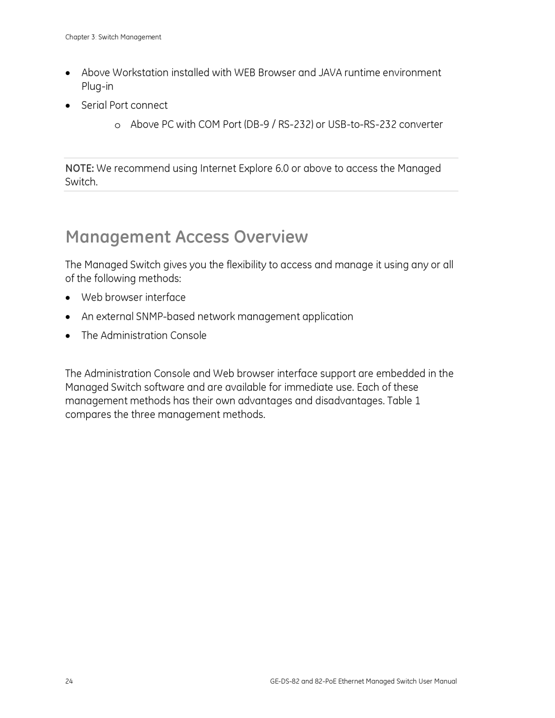 GE GE-DS-82, 82-POE user manual Management Access Overview 