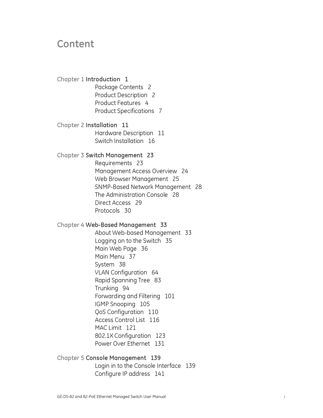 GE 82-POE, GE-DS-82 user manual Content, Introduction, Installation, Web-Based Management, 139 