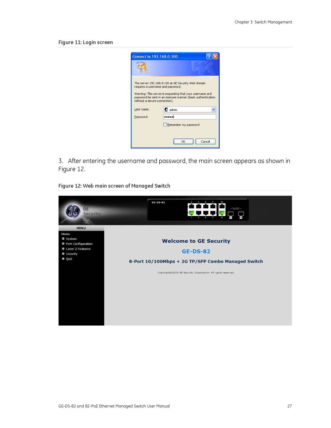 GE 82-POE, GE-DS-82 user manual Login screen 