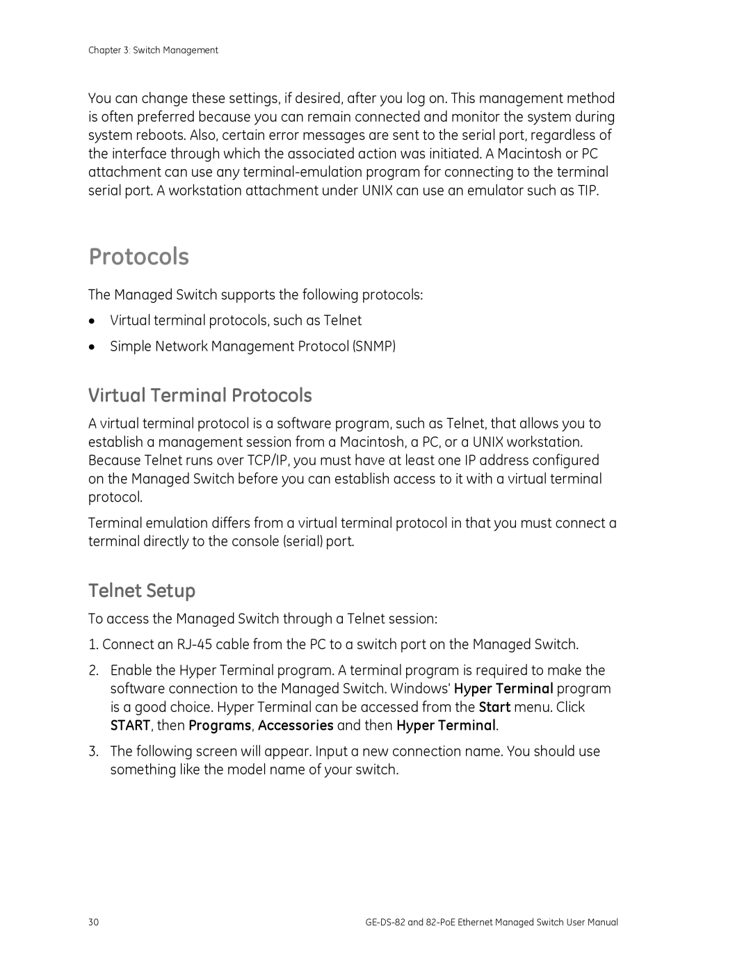 GE GE-DS-82, 82-POE user manual Virtual Terminal Protocols, Telnet Setup 