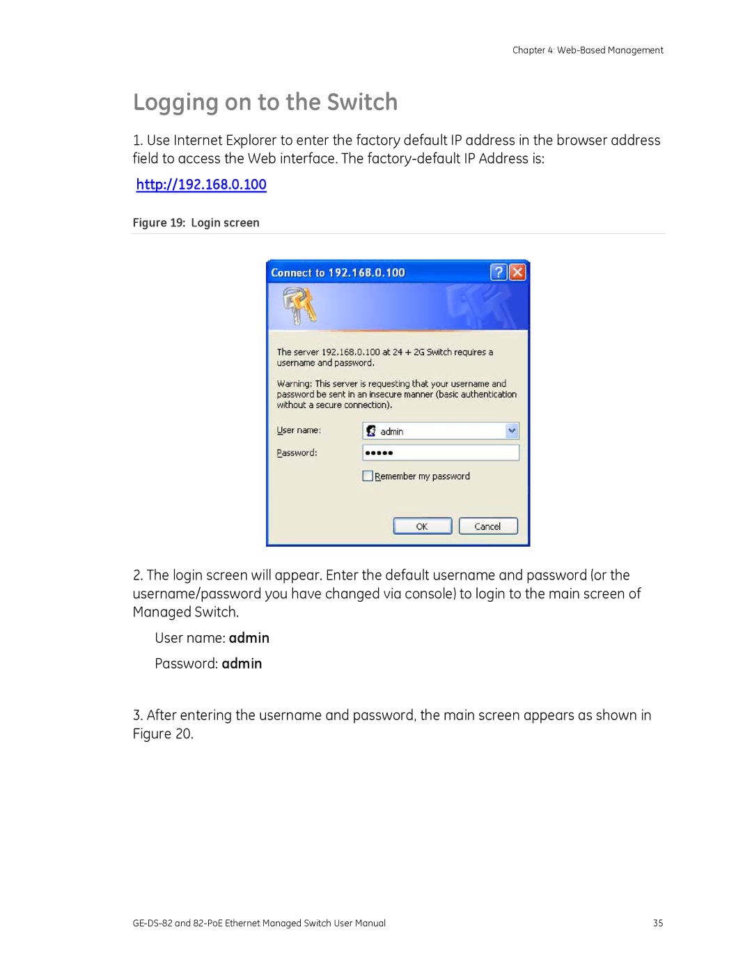 GE 82-POE, GE-DS-82 user manual Logging on to the Switch, Http//192.168.0.100 