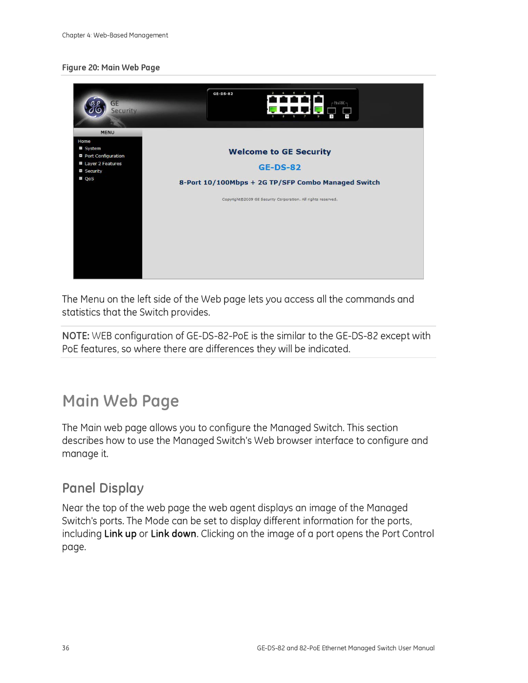 GE GE-DS-82, 82-POE user manual Main Web, Panel Display 