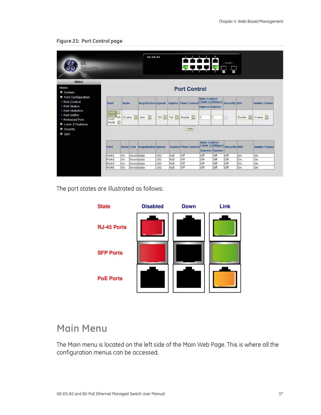 GE 82-POE, GE-DS-82 user manual Main Menu, Port states are illustrated as follows 