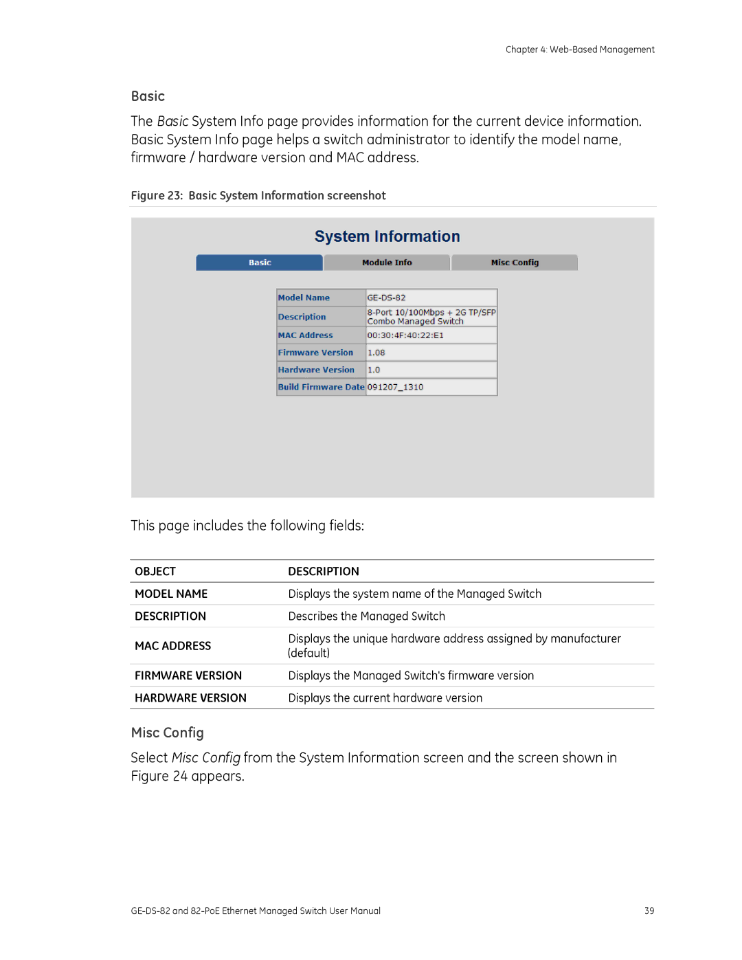 GE 82-POE, GE-DS-82 user manual Basic, This page includes the following fields, Misc Config 