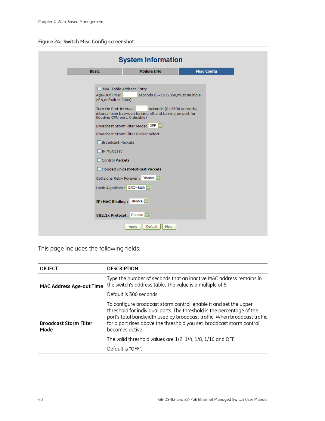 GE GE-DS-82, 82-POE user manual Object Description, Broadcast Storm Filter, Mode 