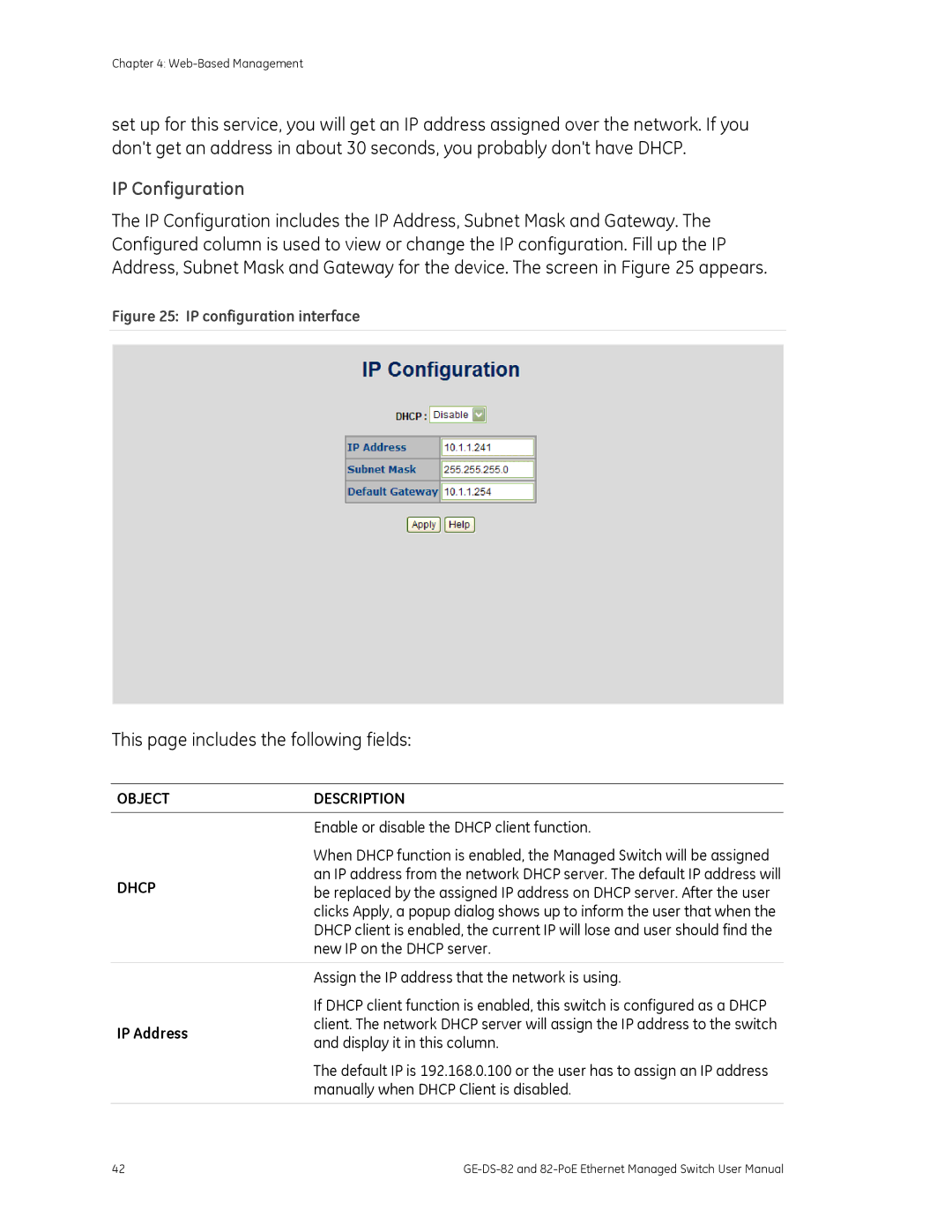 GE GE-DS-82, 82-POE user manual IP Configuration, Objectdescription 