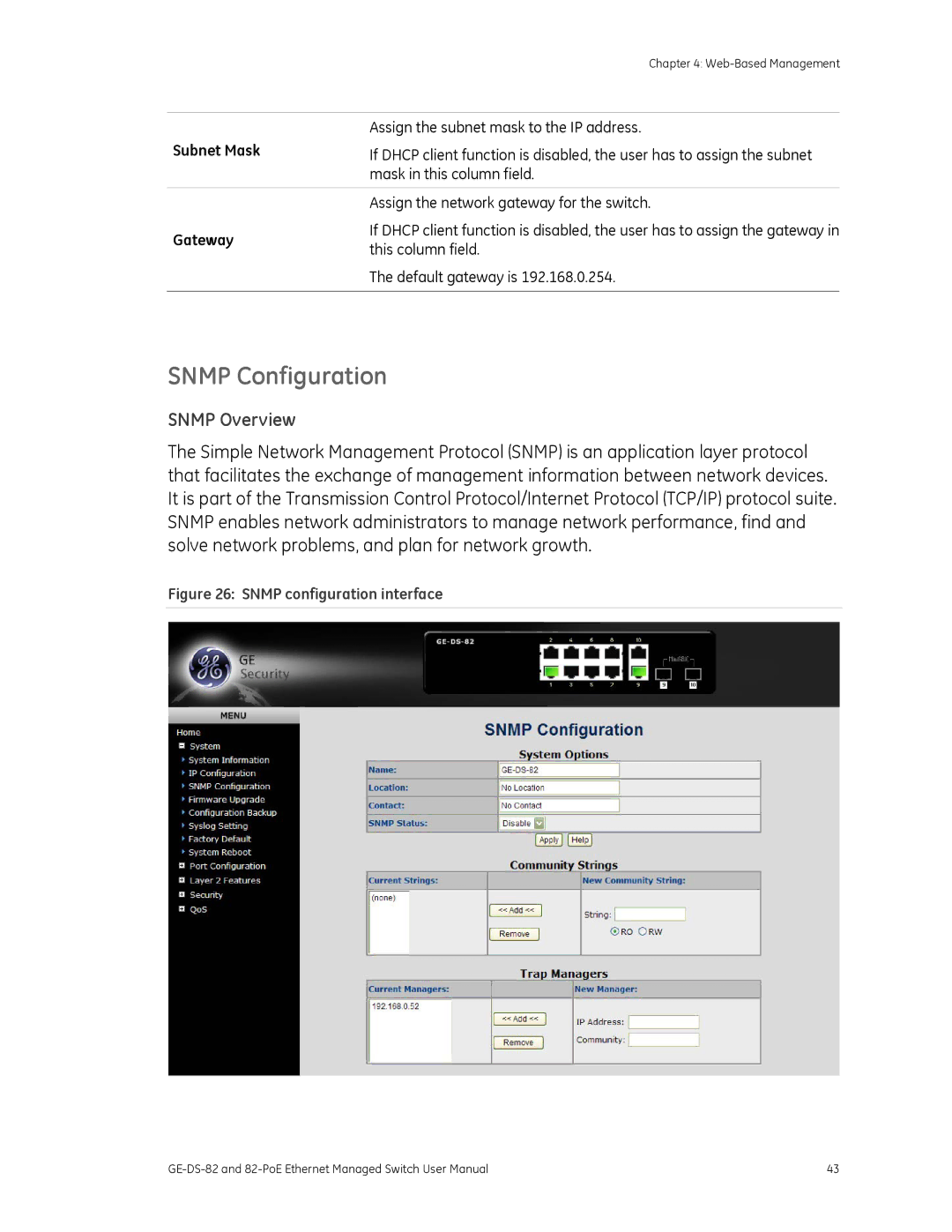 GE 82-POE, GE-DS-82 user manual Snmp Configuration, Snmp Overview, Subnet Mask, Gateway 