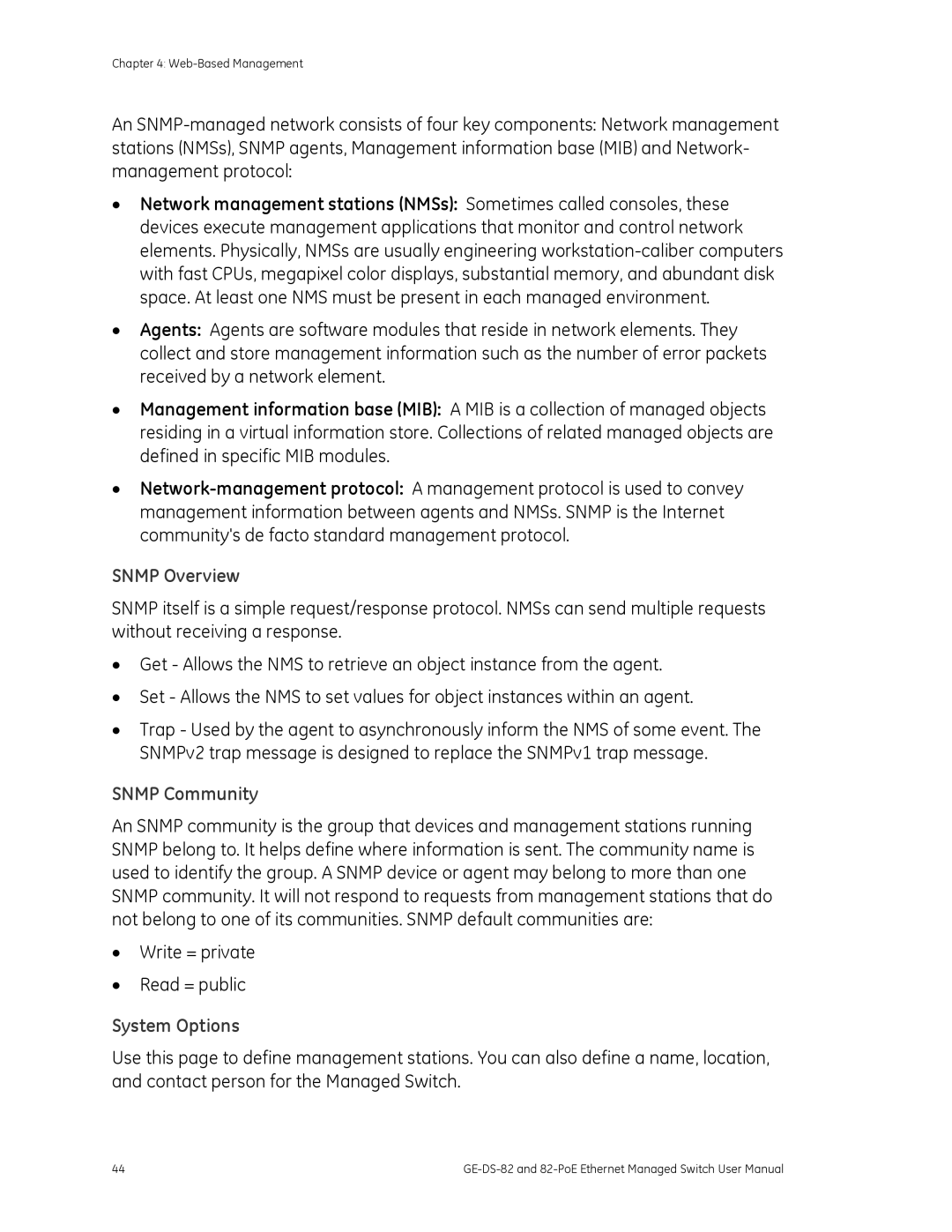 GE GE-DS-82, 82-POE user manual Snmp Community, System Options 