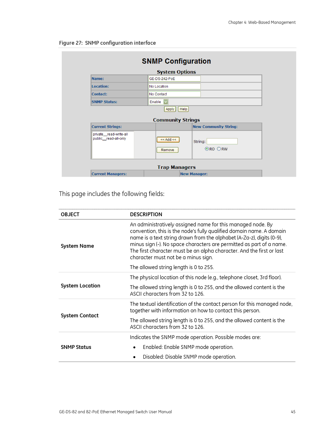 GE 82-POE, GE-DS-82 user manual System Name, System Location, System Contact, Snmp Status 