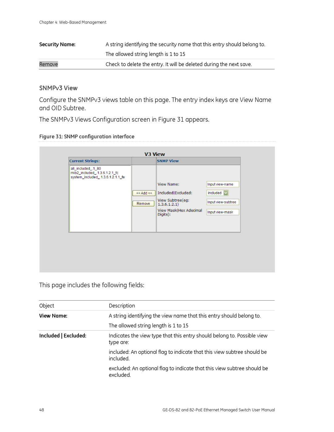 GE GE-DS-82, 82-POE user manual SNMPv3 View, Security Name, View Name, Included Excluded 