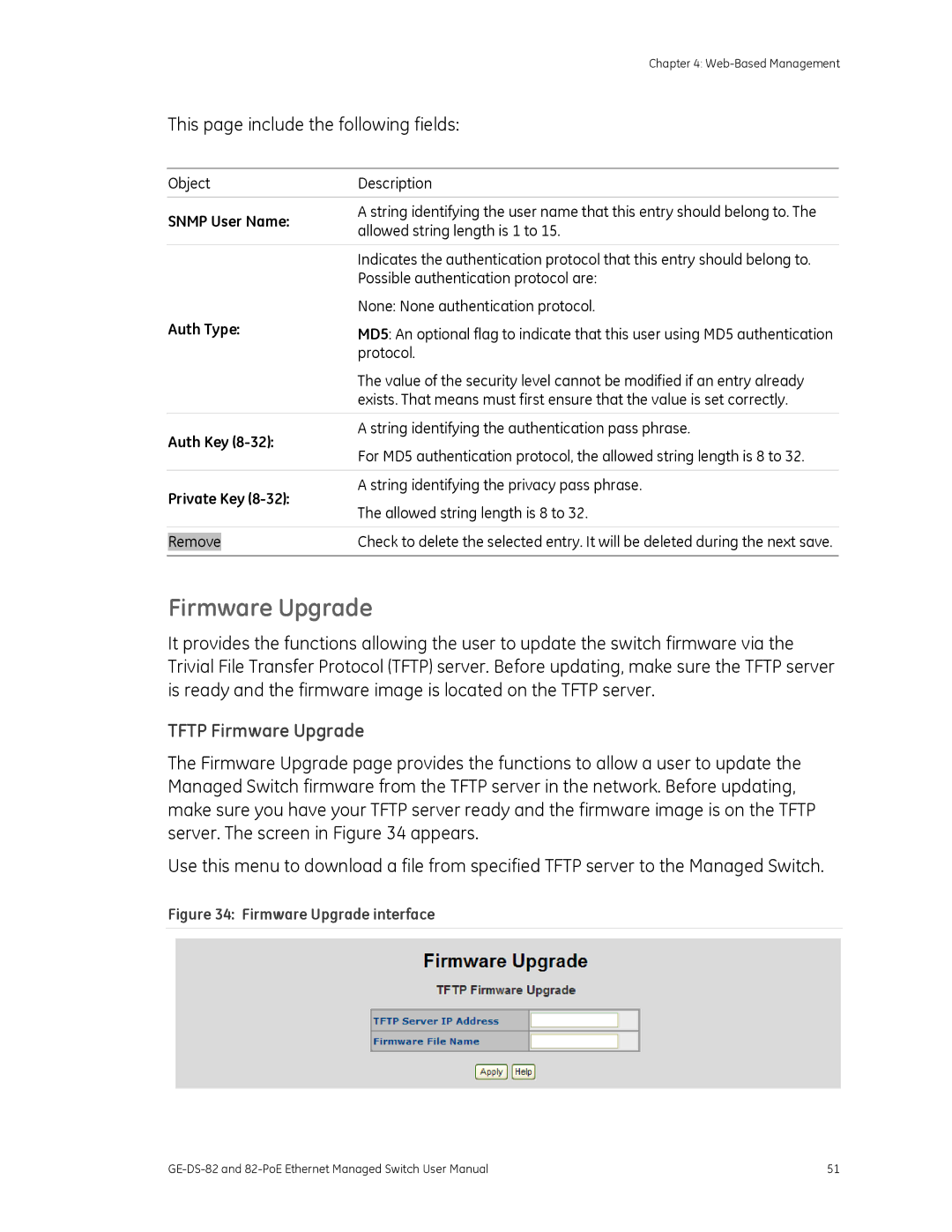 GE 82-POE, GE-DS-82 user manual This page include the following fields, Tftp Firmware Upgrade 