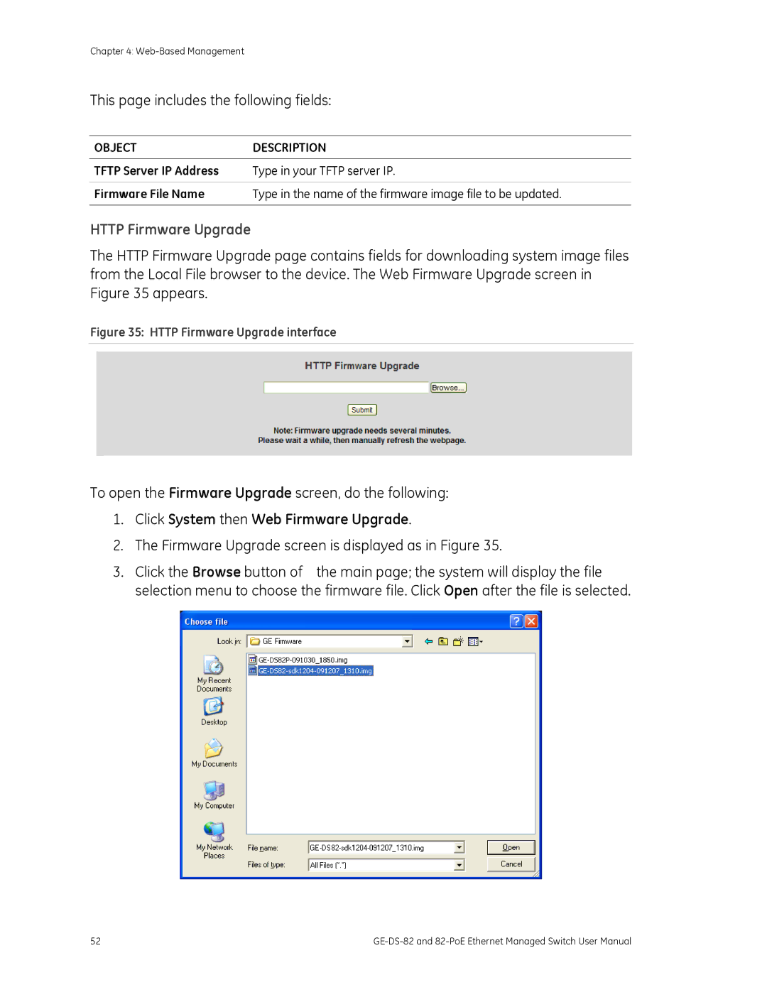 GE GE-DS-82, 82-POE user manual Http Firmware Upgrade, To open the Firmware Upgrade screen, do the following 