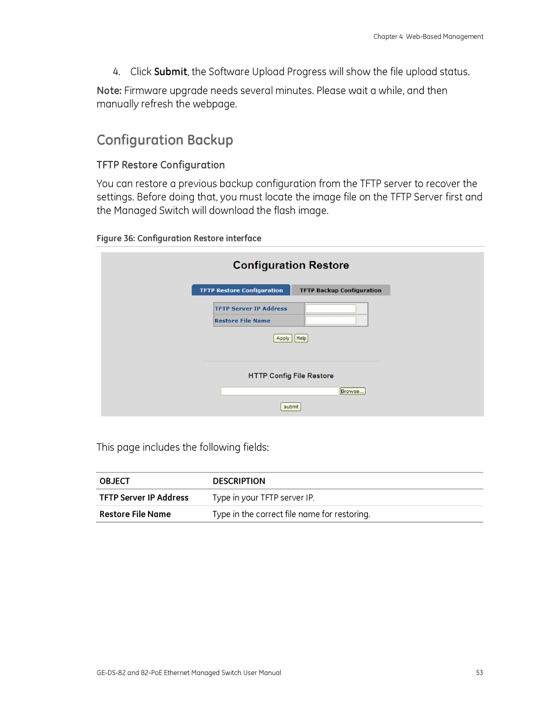 GE 82-POE, GE-DS-82 user manual Configuration Backup, Tftp Restore Configuration 