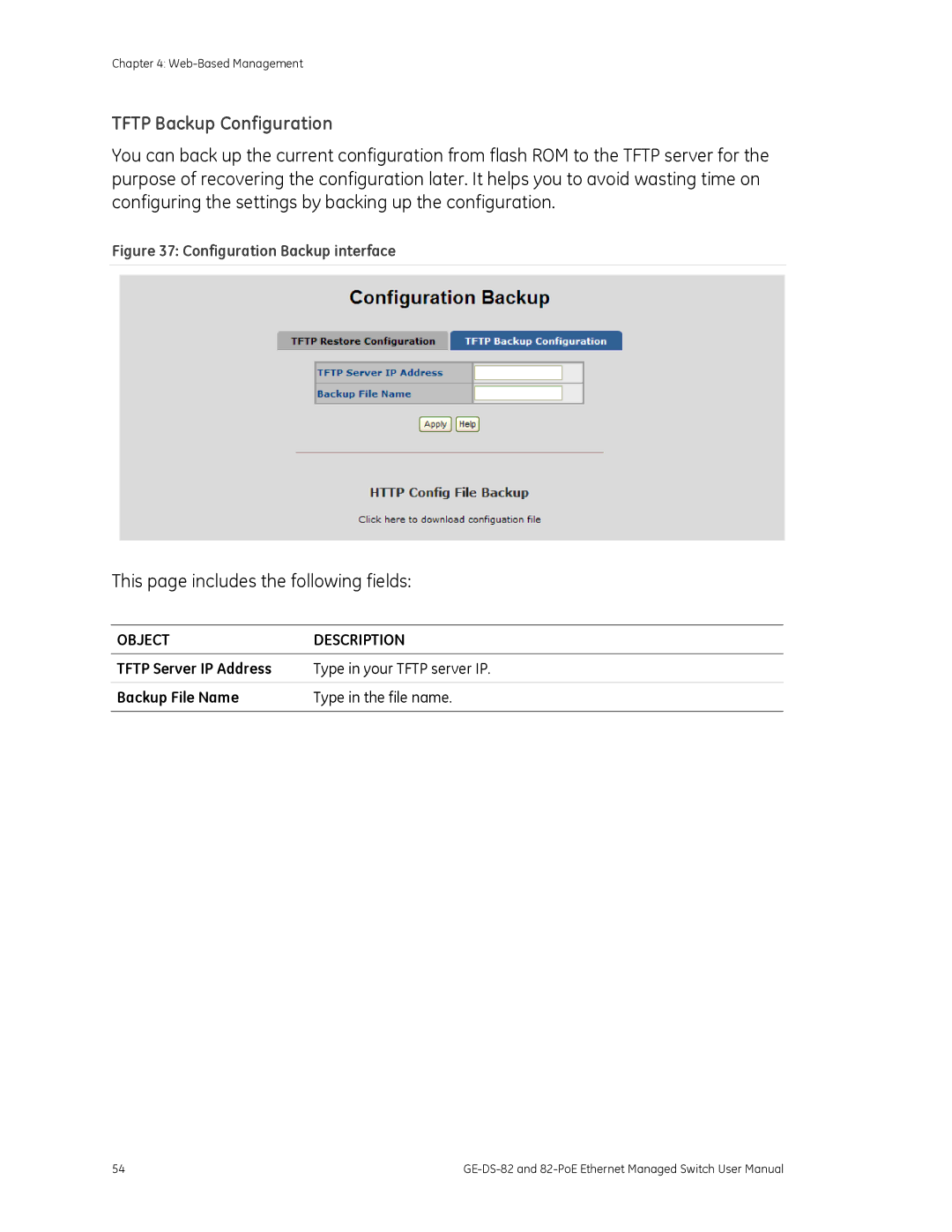 GE GE-DS-82, 82-POE user manual Tftp Backup Configuration, Configuration Backup interface 