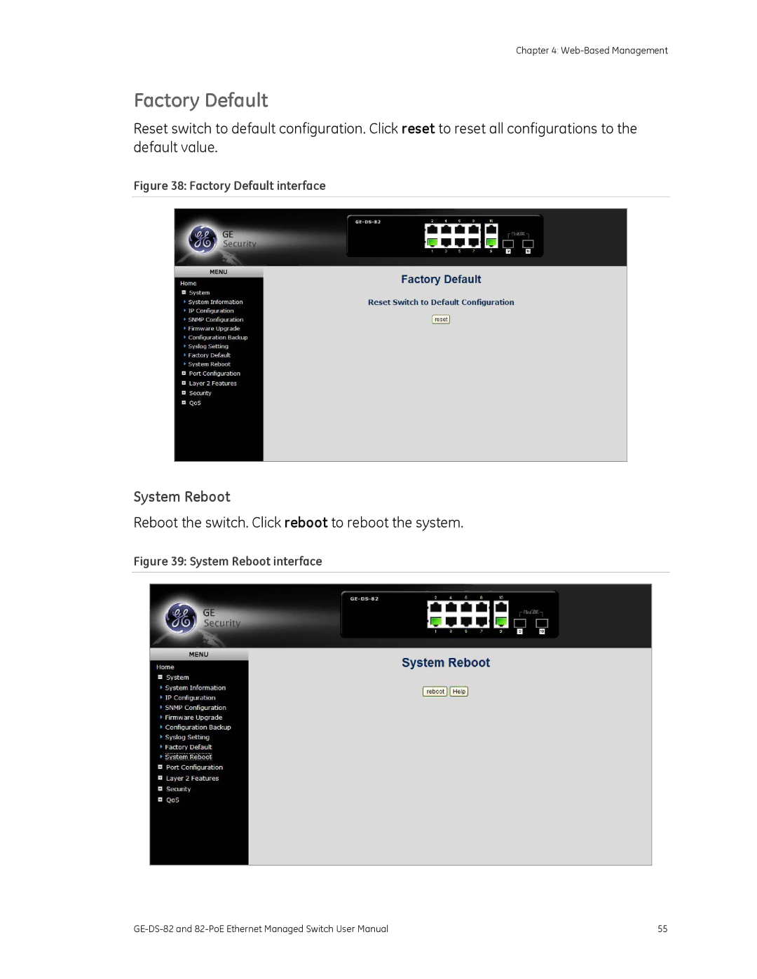 GE 82-POE, GE-DS-82 user manual Factory Default, System Reboot, Reboot the switch. Click reboot to reboot the system 