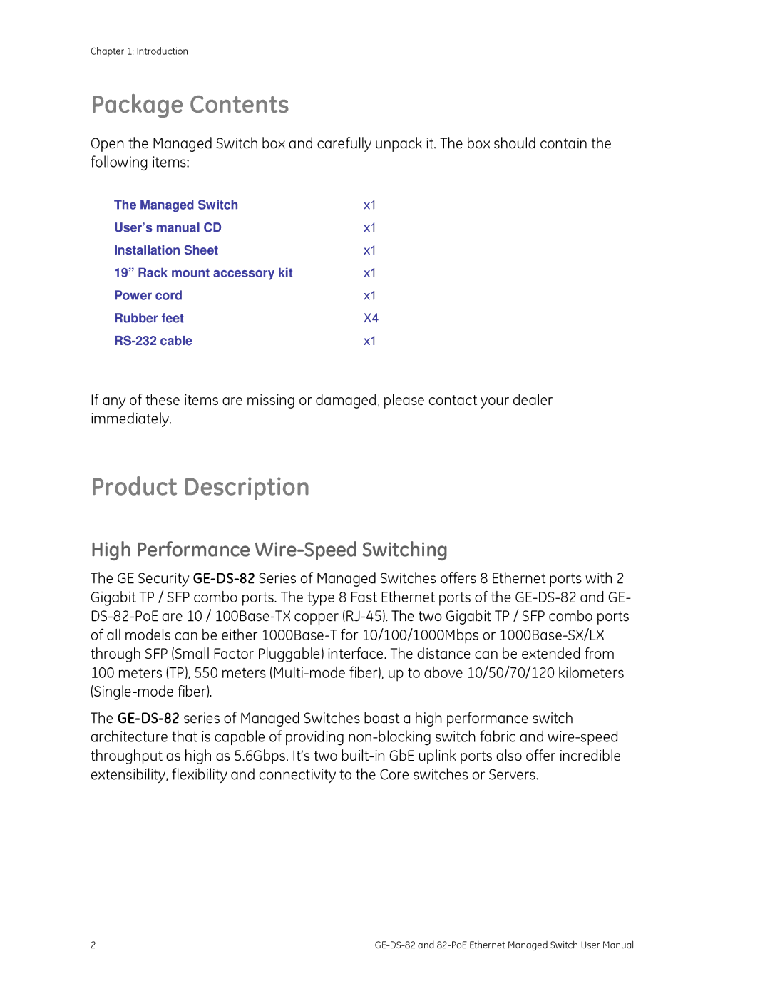 GE GE-DS-82, 82-POE user manual Package Contents, Product Description 