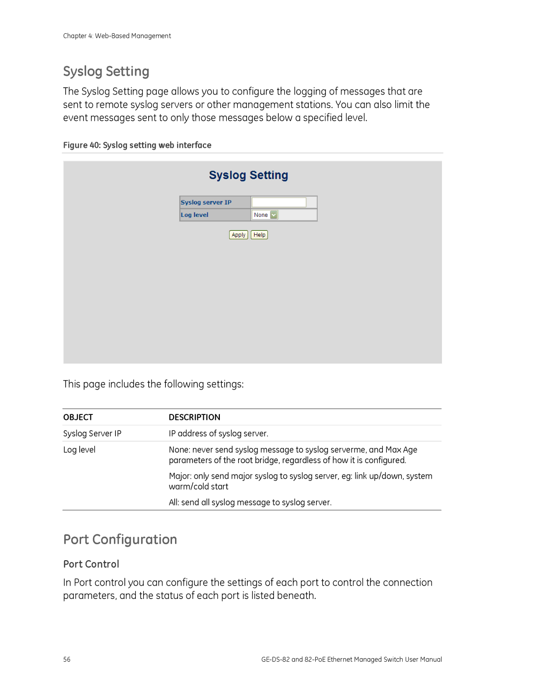 GE GE-DS-82, 82-POE user manual Syslog Setting, Port Configuration, This page includes the following settings, Port Control 