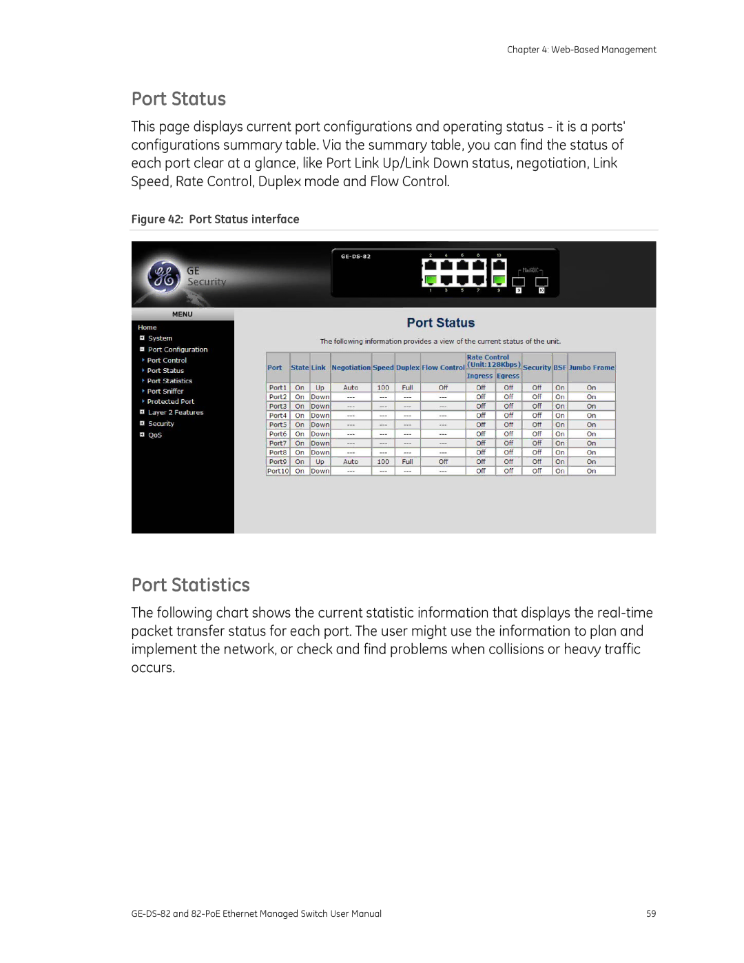 GE 82-POE, GE-DS-82 user manual Port Status, Port Statistics 