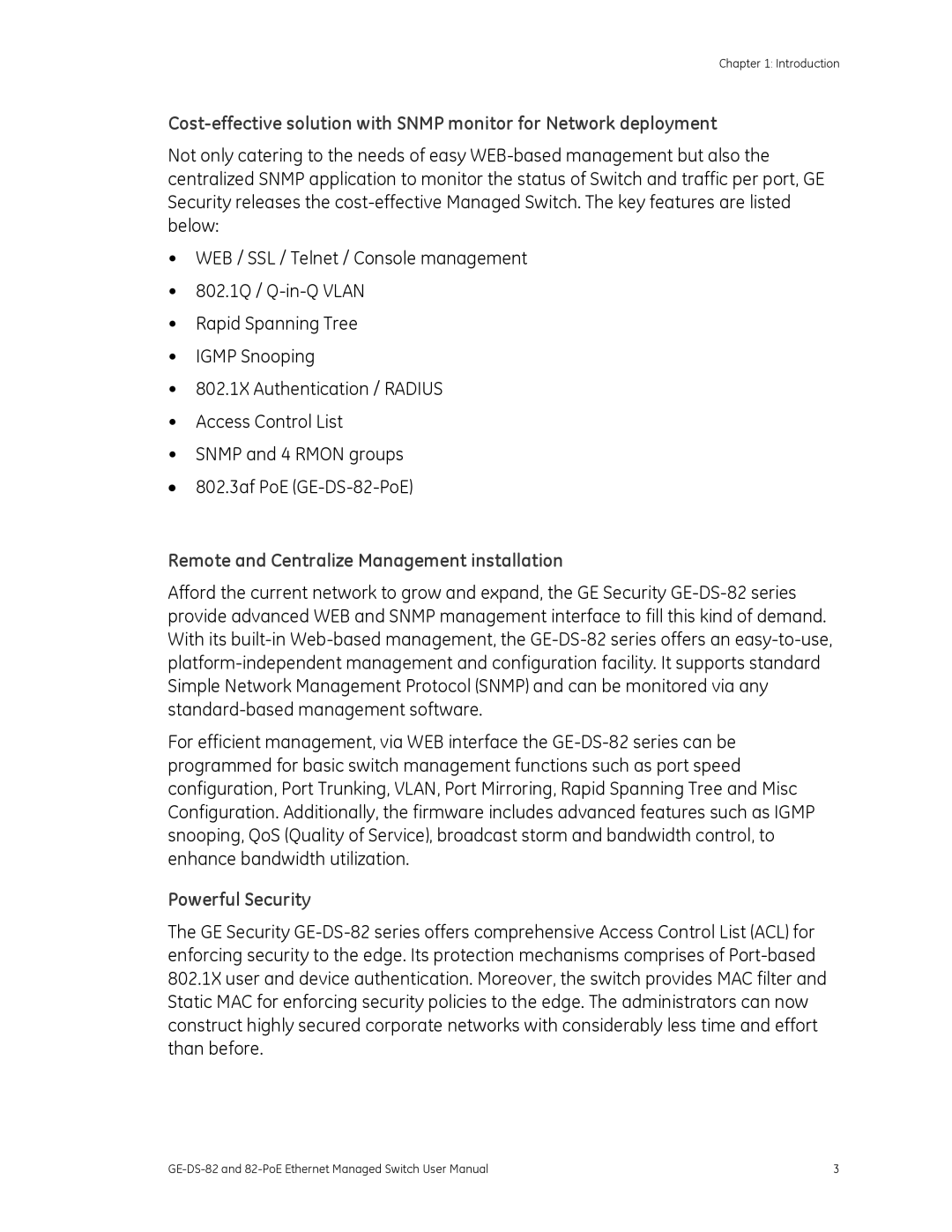 GE 82-POE, GE-DS-82 user manual Remote and Centralize Management installation, Powerful Security 