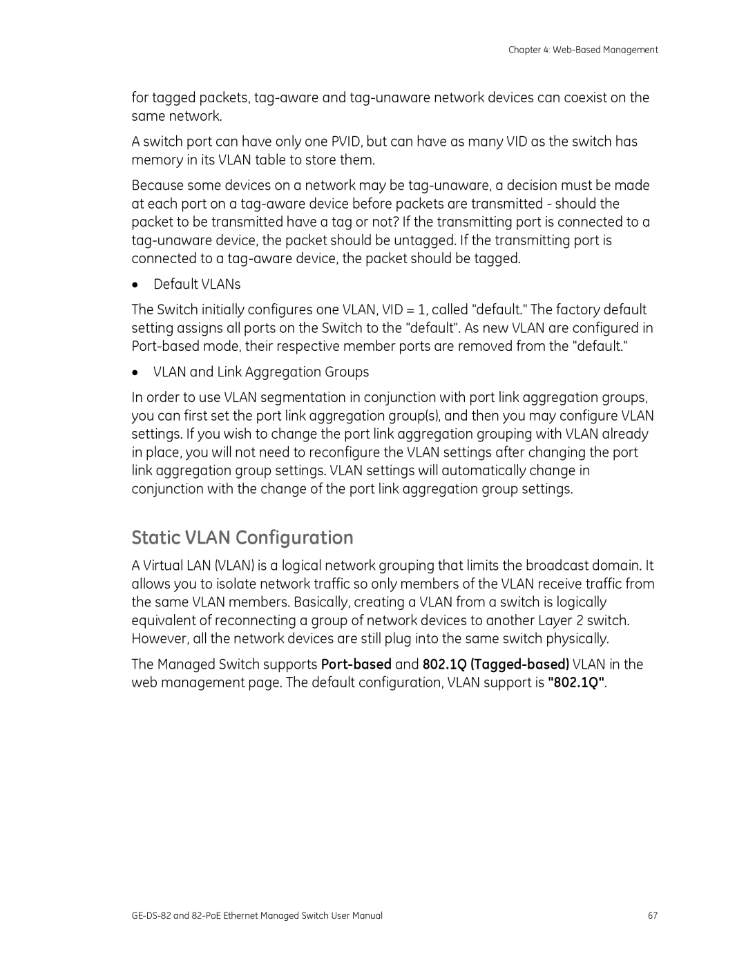 GE 82-POE, GE-DS-82 user manual Static Vlan Configuration 