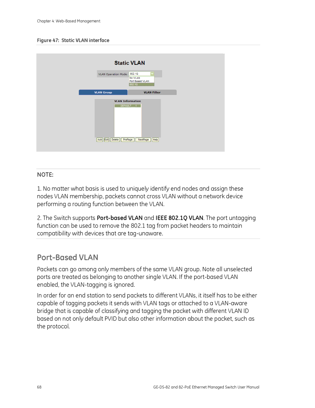 GE GE-DS-82, 82-POE user manual Port-Based Vlan, Static Vlan interface 