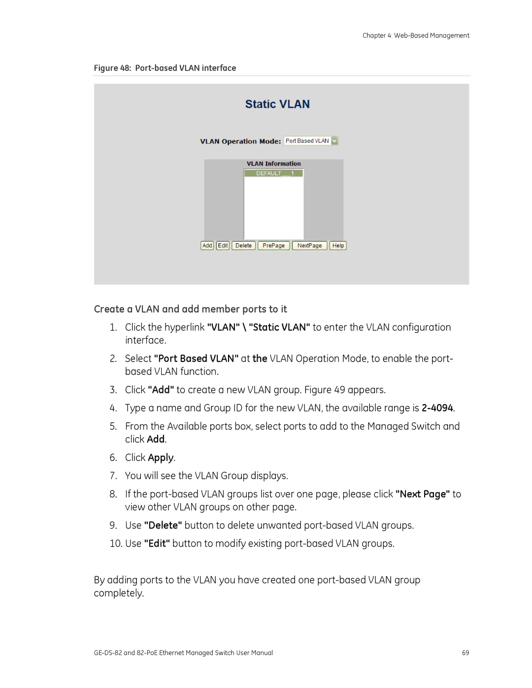 GE 82-POE, GE-DS-82 user manual Create a Vlan and add member ports to it, Port-based Vlan interface 