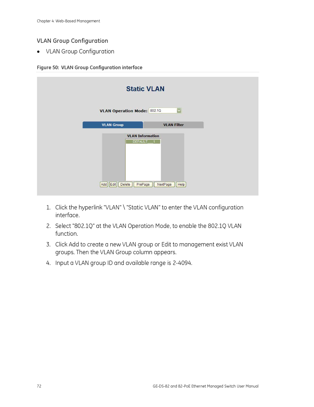 GE GE-DS-82, 82-POE user manual Vlan Group Configuration 