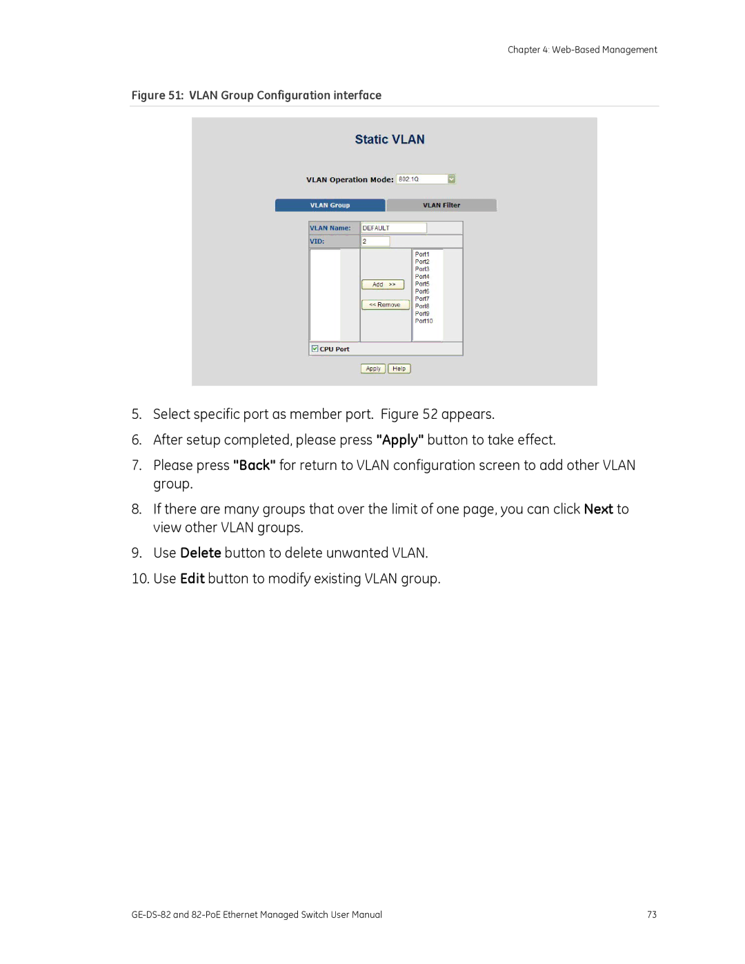 GE 82-POE, GE-DS-82 user manual Vlan Group Configuration interface 