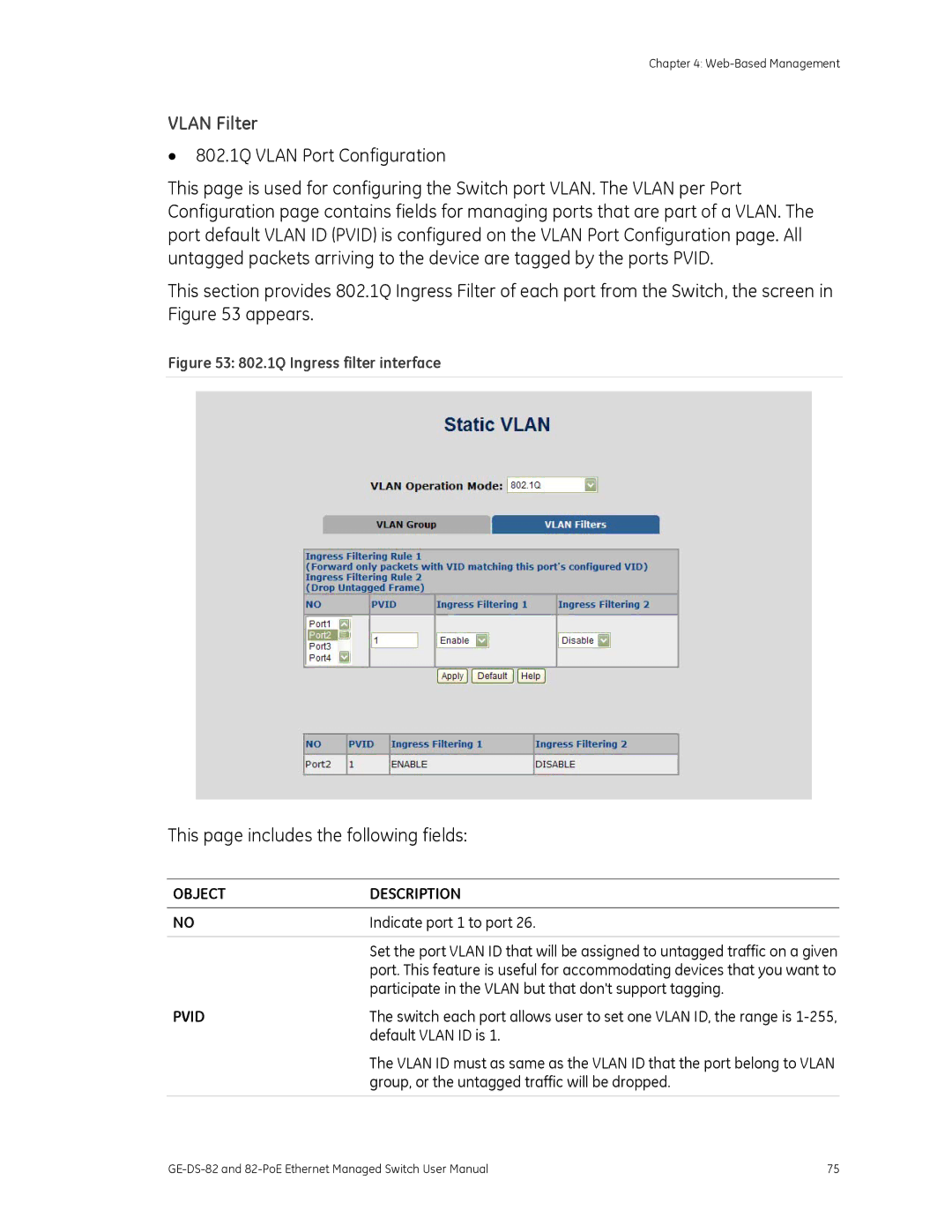 GE 82-POE, GE-DS-82 user manual Vlan Filter, Pvid 