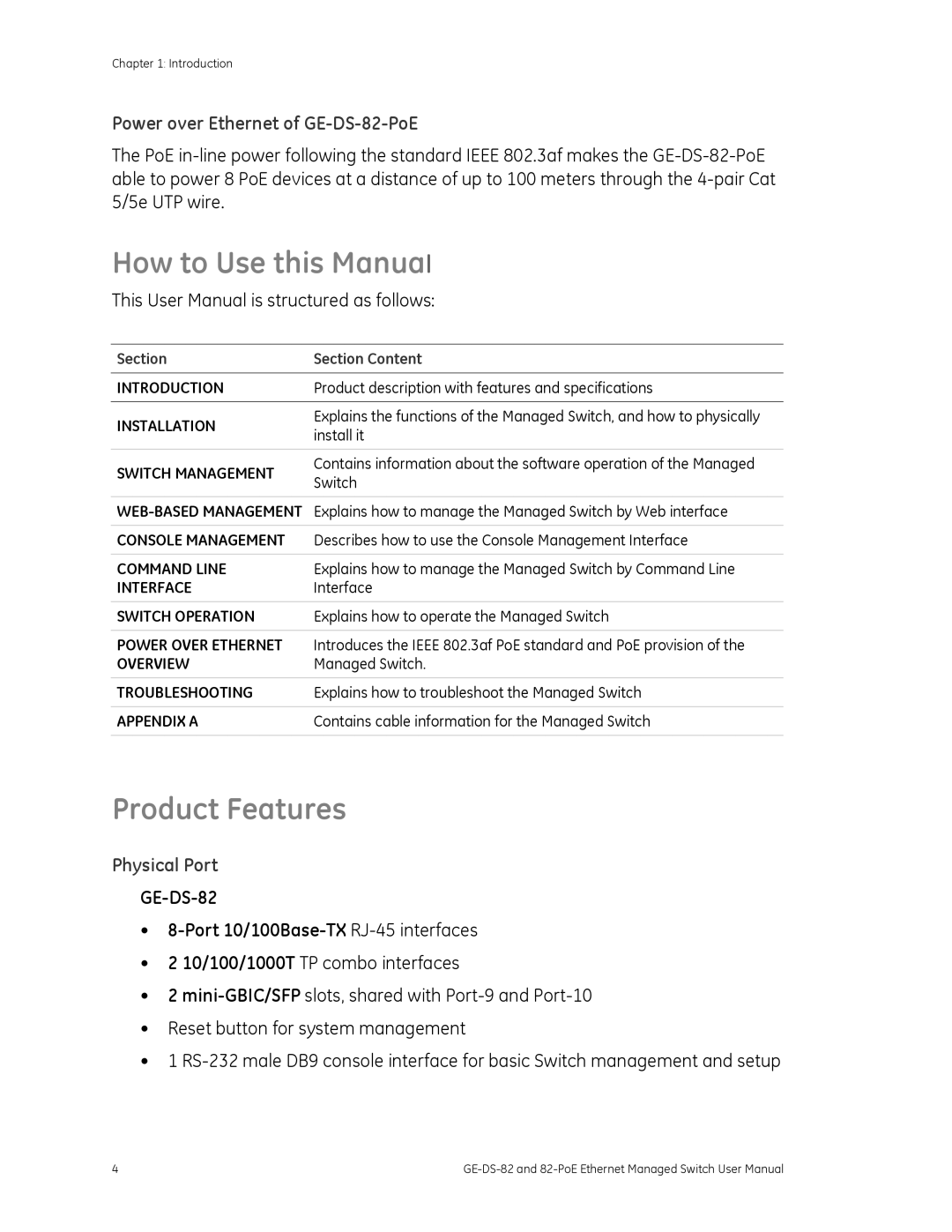 GE 82-POE user manual How to Use this Manual, Product Features, Power over Ethernet of GE-DS-82-PoE, Physical Port 