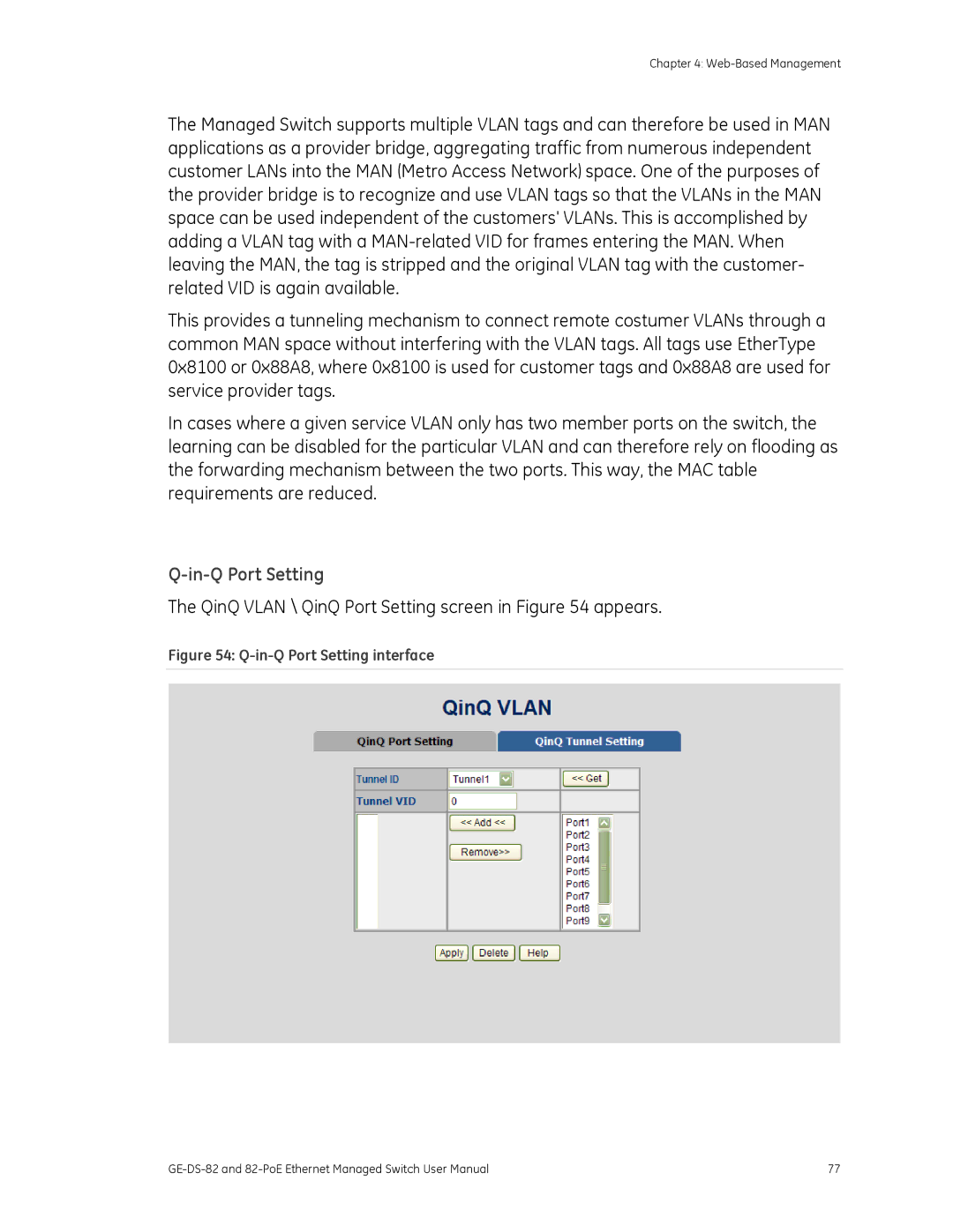 GE 82-POE, GE-DS-82 user manual In-Q Port Setting, QinQ Vlan \ QinQ Port Setting screen in appears 