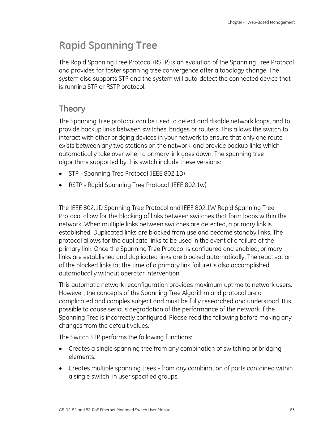 GE 82-POE, GE-DS-82 user manual Rapid Spanning Tree, Theory 