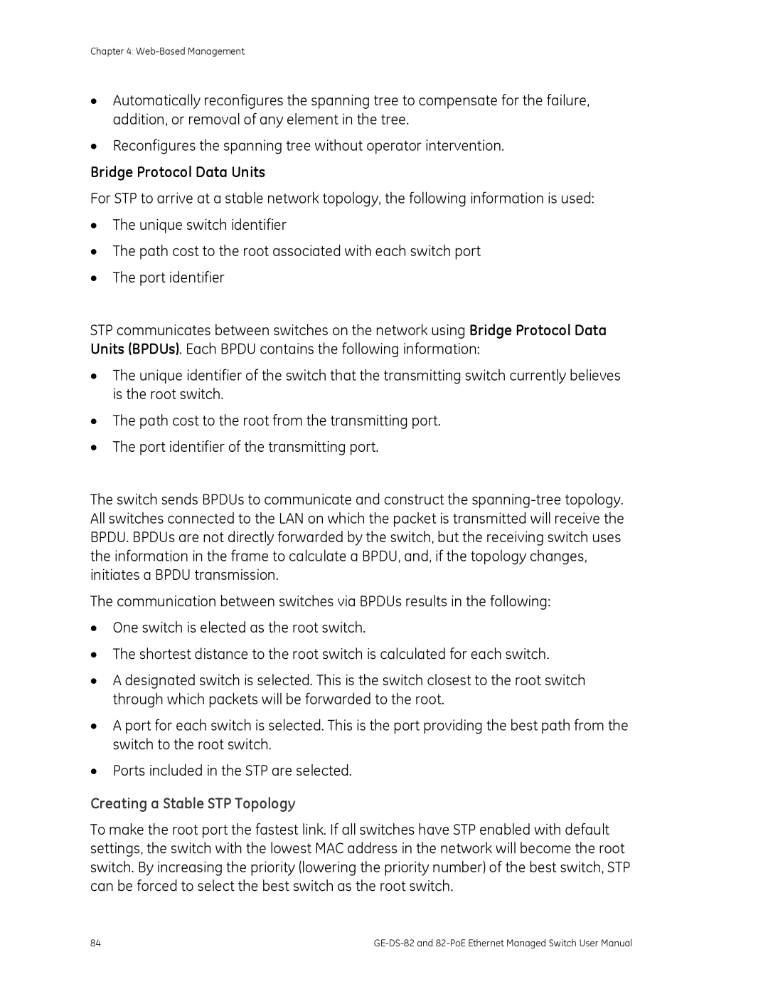 GE GE-DS-82, 82-POE user manual Bridge Protocol Data Units, Creating a Stable STP Topology 