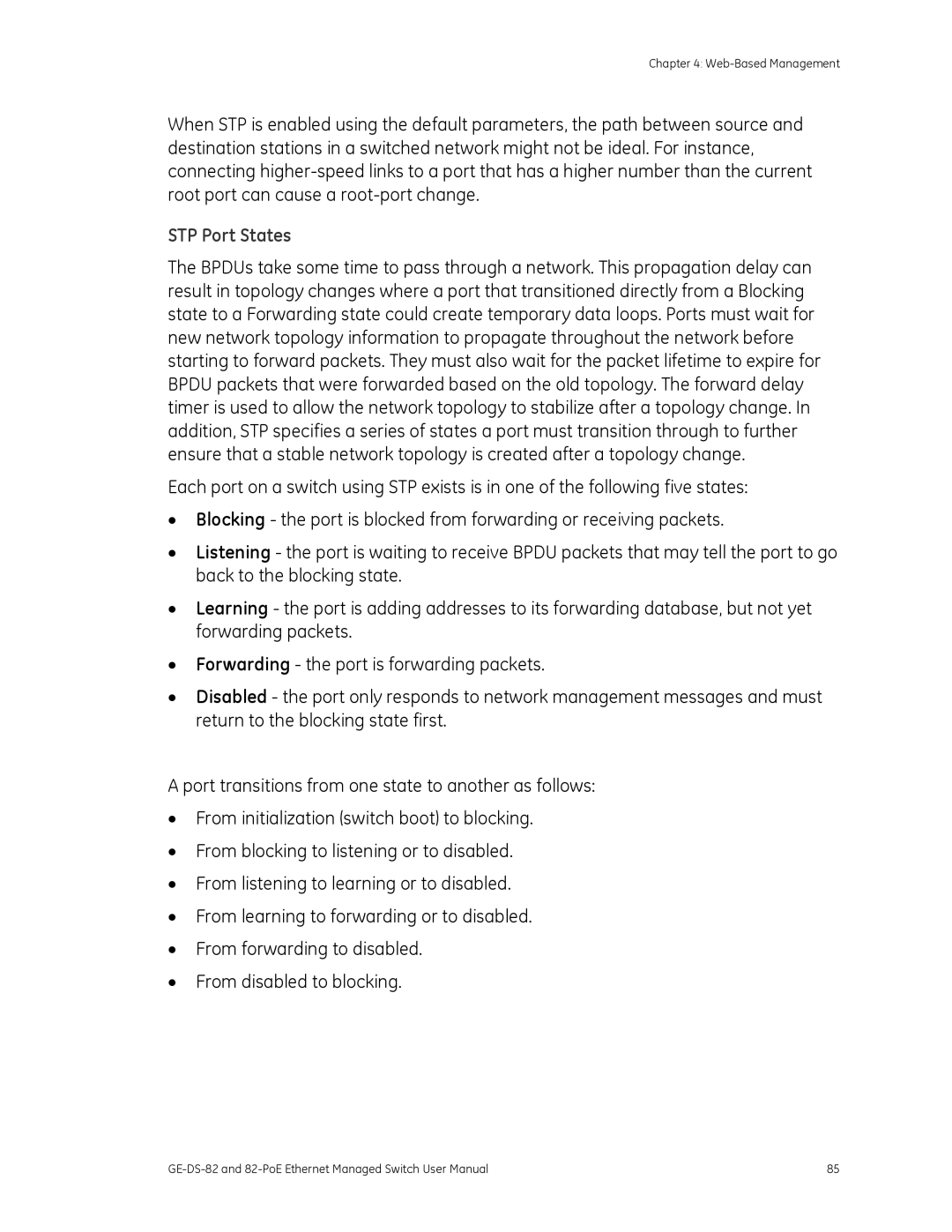 GE 82-POE, GE-DS-82 user manual STP Port States 