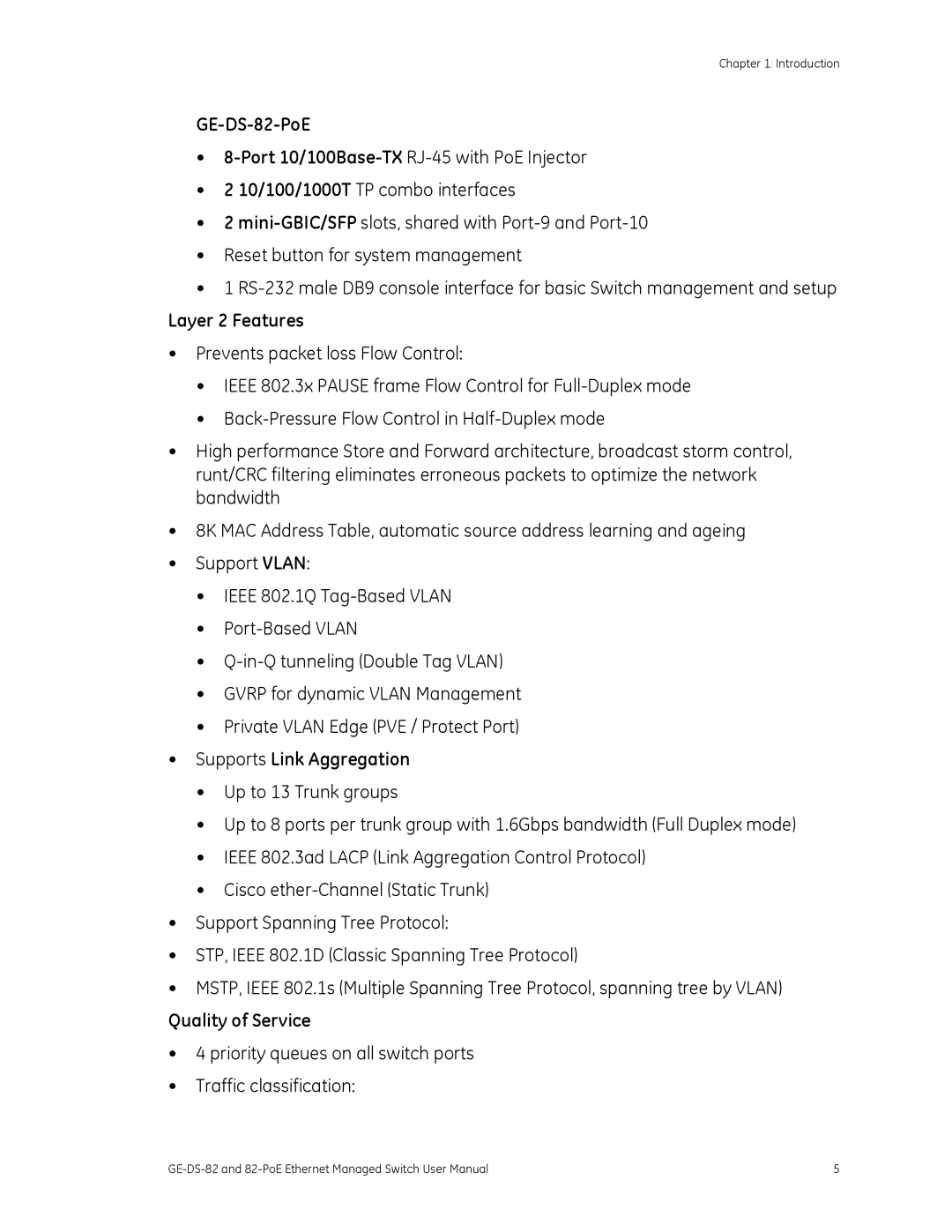 GE 82-POE user manual GE-DS-82-PoE, Layer 2 Features, Supports Link Aggregation, Quality of Service 