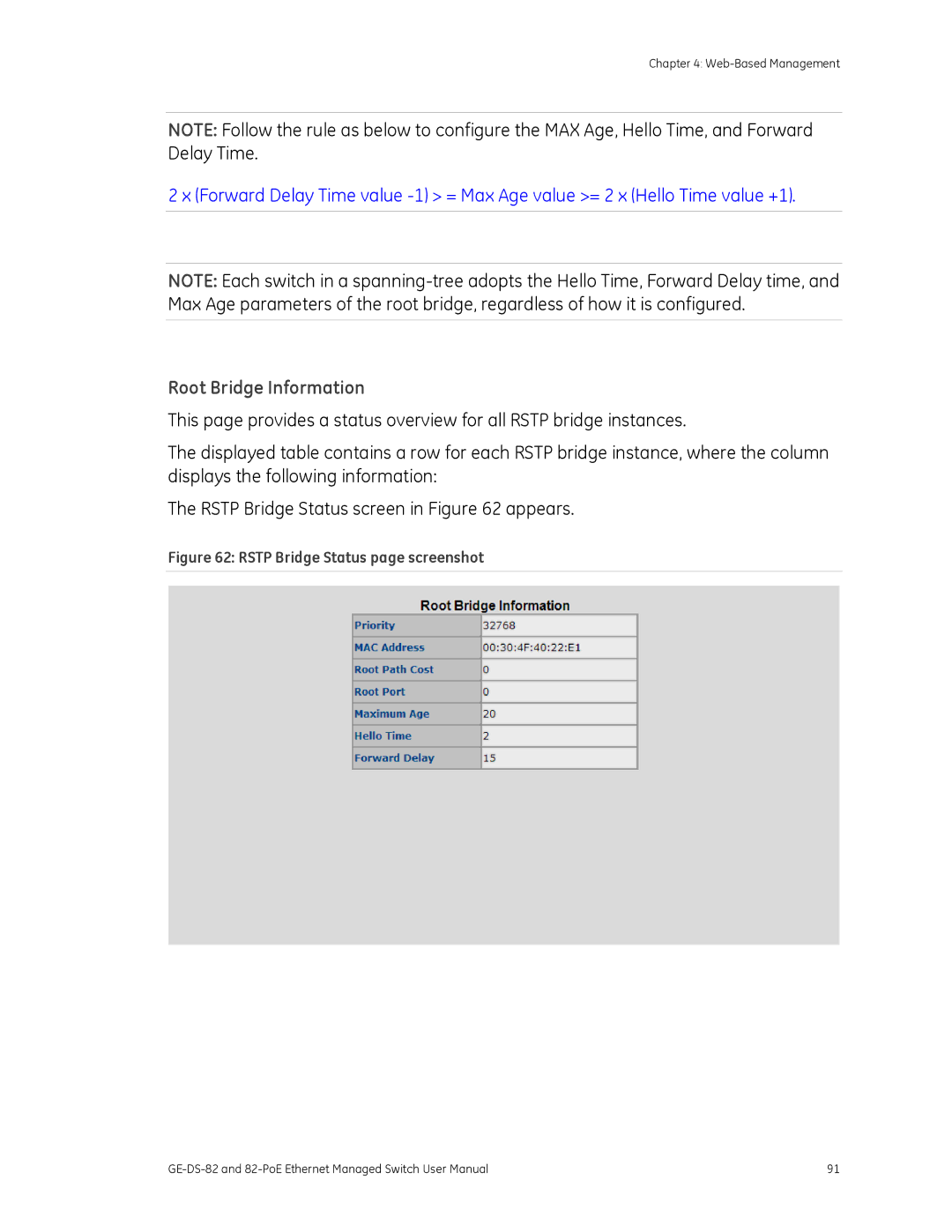 GE 82-POE, GE-DS-82 user manual Root Bridge Information, Rstp Bridge Status page screenshot 