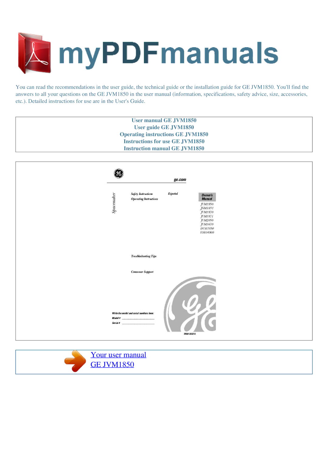 GE GE JVM1850 user manual 