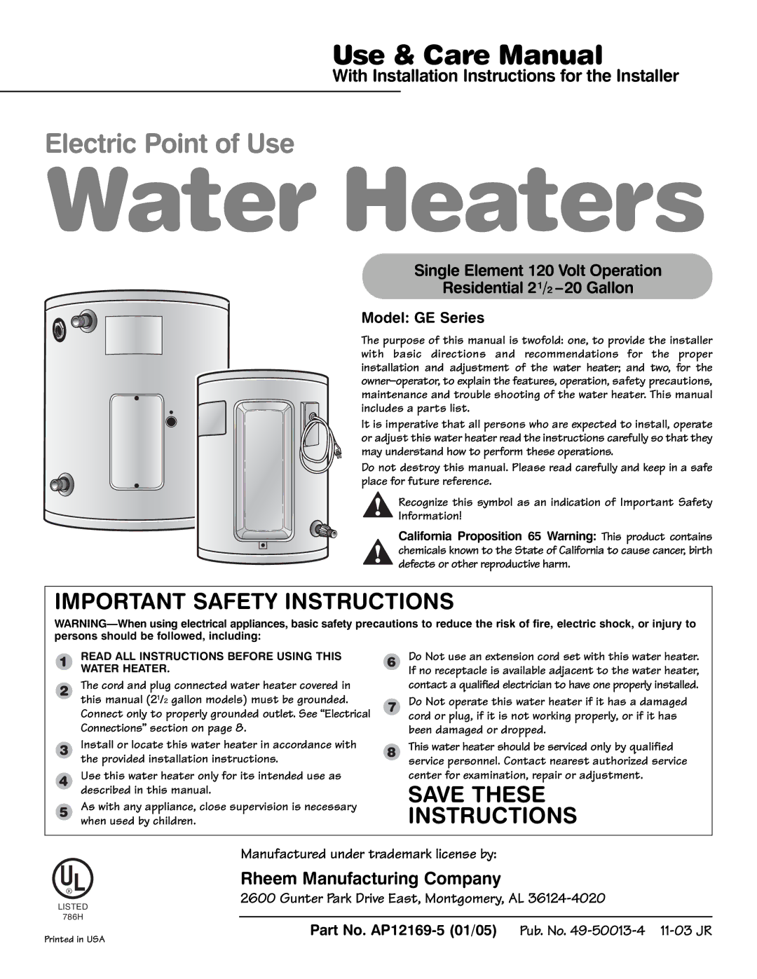 GE AP12169-5 important safety instructions Model GE Series, Manufactured under trademark license by 