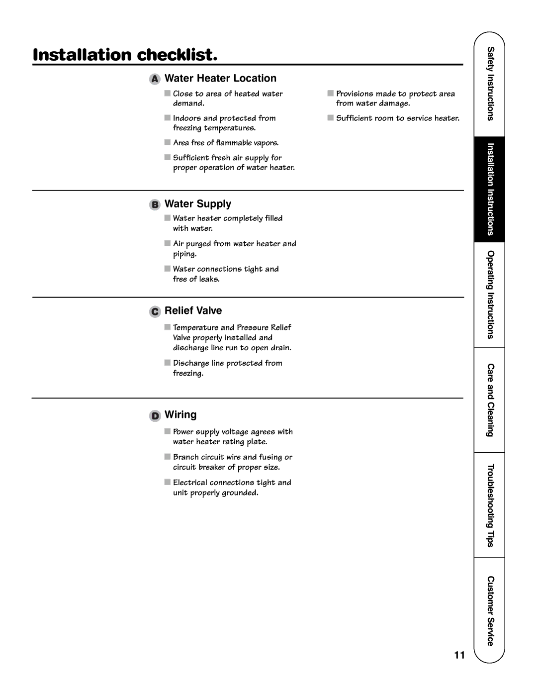 GE AP12169-5, GE Series important safety instructions Installation checklist, Water Heater Location, Water Supply, Wiring 