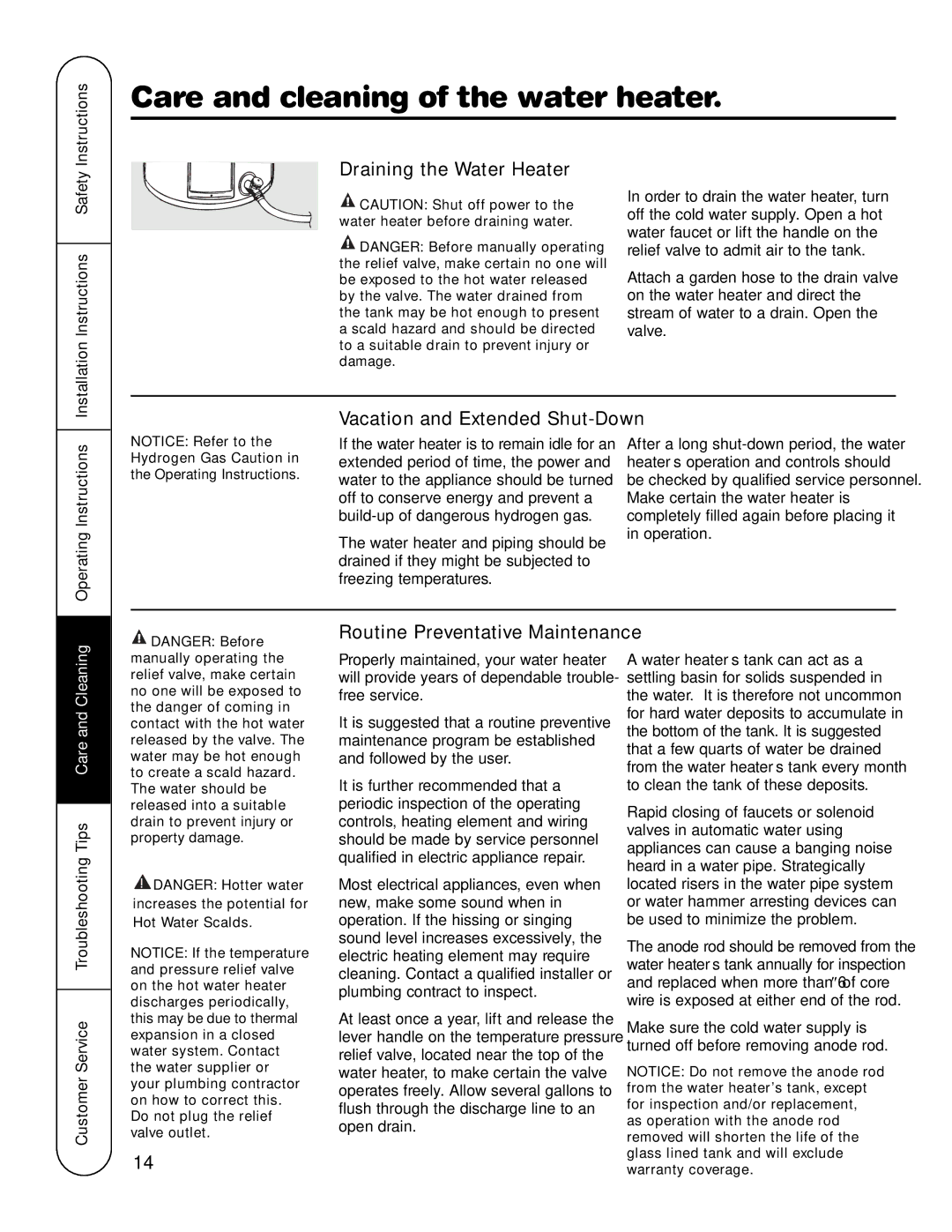 GE GE Series, AP12169-5 Care and cleaning of the water heater, Draining the Water Heater, Vacation and Extended Shut-Down 