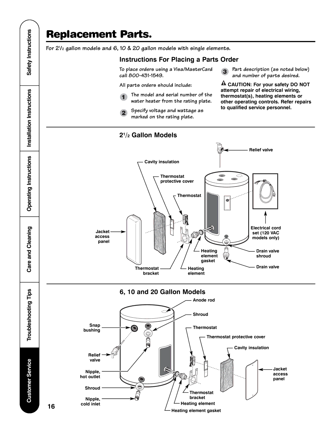 GE GE Series, AP12169-5 Replacement Parts, Instructions For Placing a Parts Order, 21/2 Gallon Models 